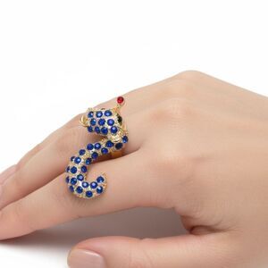 Fox Tail Climbing Ring Adjustable Gold Tone Blue Rhinestone